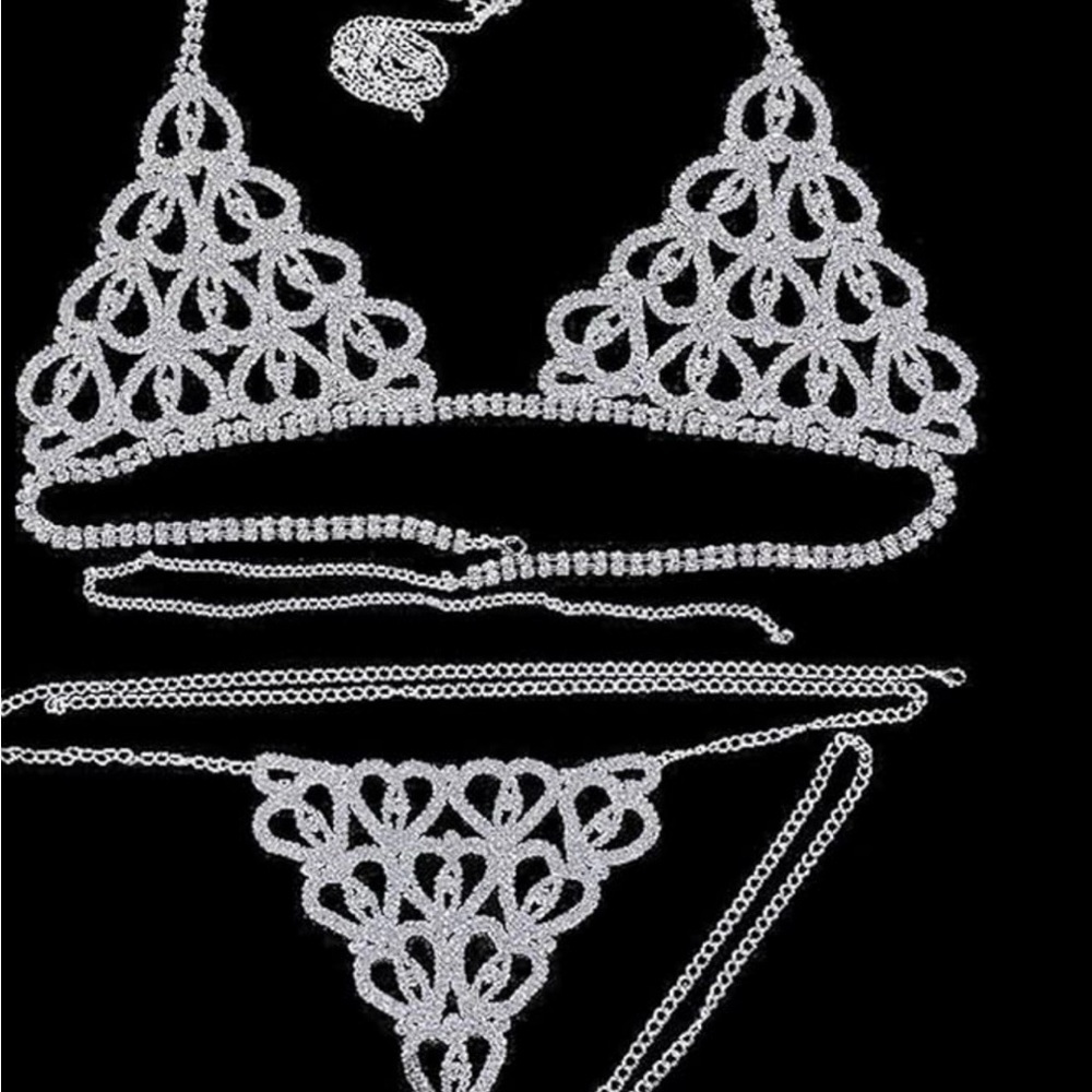 DA VEAMOR  rhinestone body chain silver bikini bra and thong set, NWT